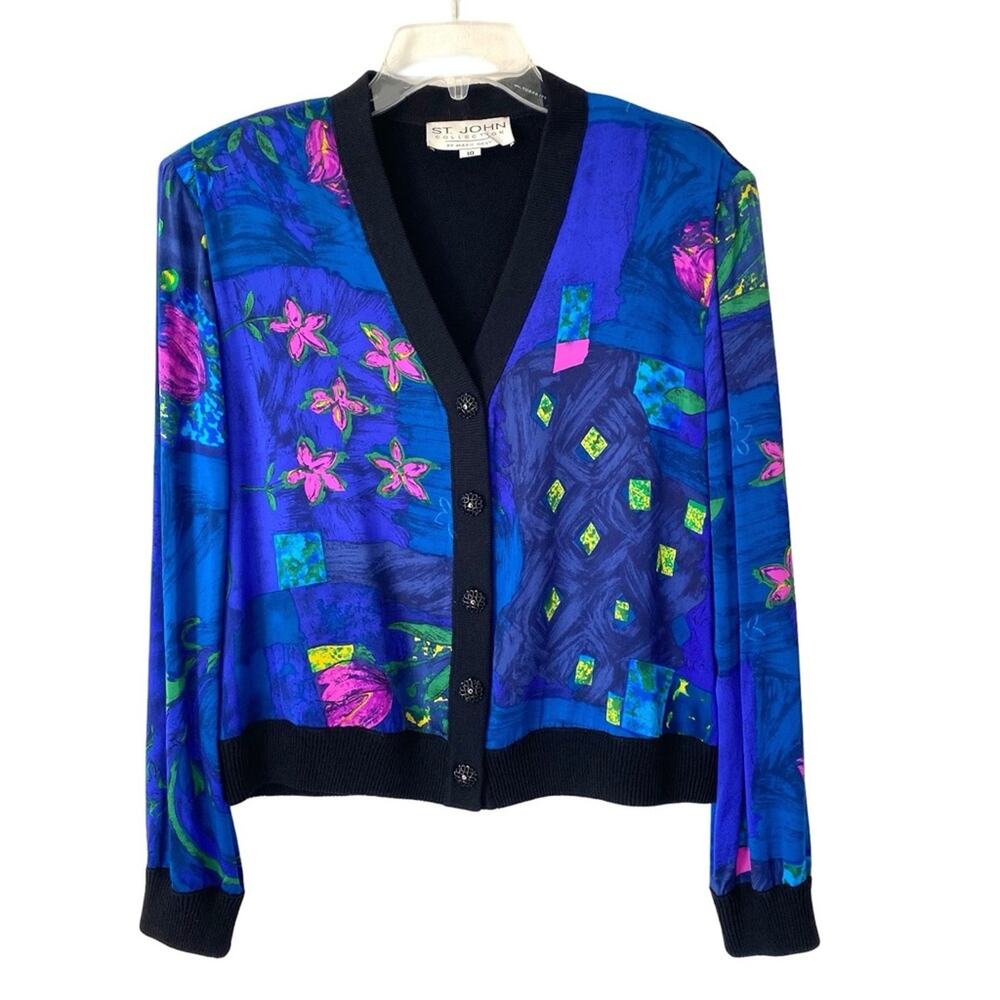 St. John Collection Silk Mary Flower Abstract Bomber Blue Black Cardigan size 10